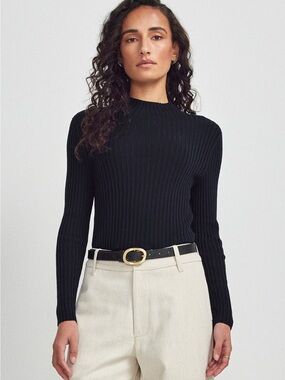 Untouched World Lucia Funnel Neck Ribbed Sweater in Black L Large 100% Wool